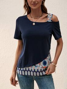 SHEIN LUNE 幾何印花不對稱領T恤 - 黑色 - 查看 5