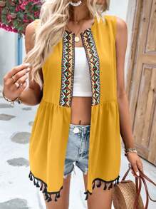 SHEIN LUNE Geo Tape Panel Tassel Trim Open Front Vest Coat - Yellow - View 4