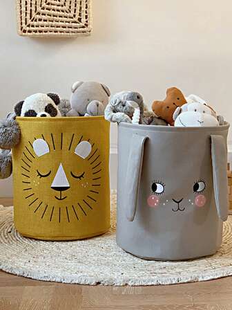 1只黃色獅子折疊式布質收納箱,適用於玩具、髒衣服整理