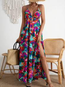 Breezaya 滿版印花高衩吊帶連衣裙 - 彩色 - 查看 4