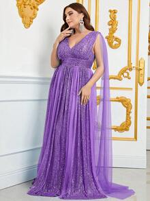 Faeriesty Plus Size Women's Deep V-Neck Sequin Shawl Sleeve Formal Evening Gown With Luxurious Train - Perfect For Black Tie Galas, Red Carpet Events, Wedding Receptions, Formal Banquets, And Bridal Photoshoots - Purple - View 3