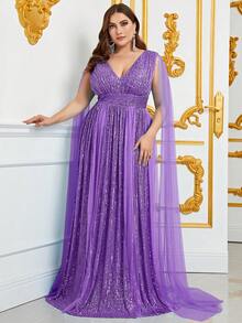 Faeriesty Plus Size Women's Deep V-Neck Sequin Shawl Sleeve Formal Evening Gown With Luxurious Train - Perfect For Black Tie Galas, Red Carpet Events, Wedding Receptions, Formal Banquets, And Bridal Photoshoots - Purple - View 4