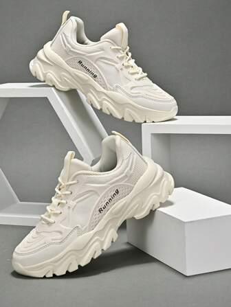 Men Letter Graphic Lace-up Front Chunky Sneakers, Sporty Outdoor Sneakers