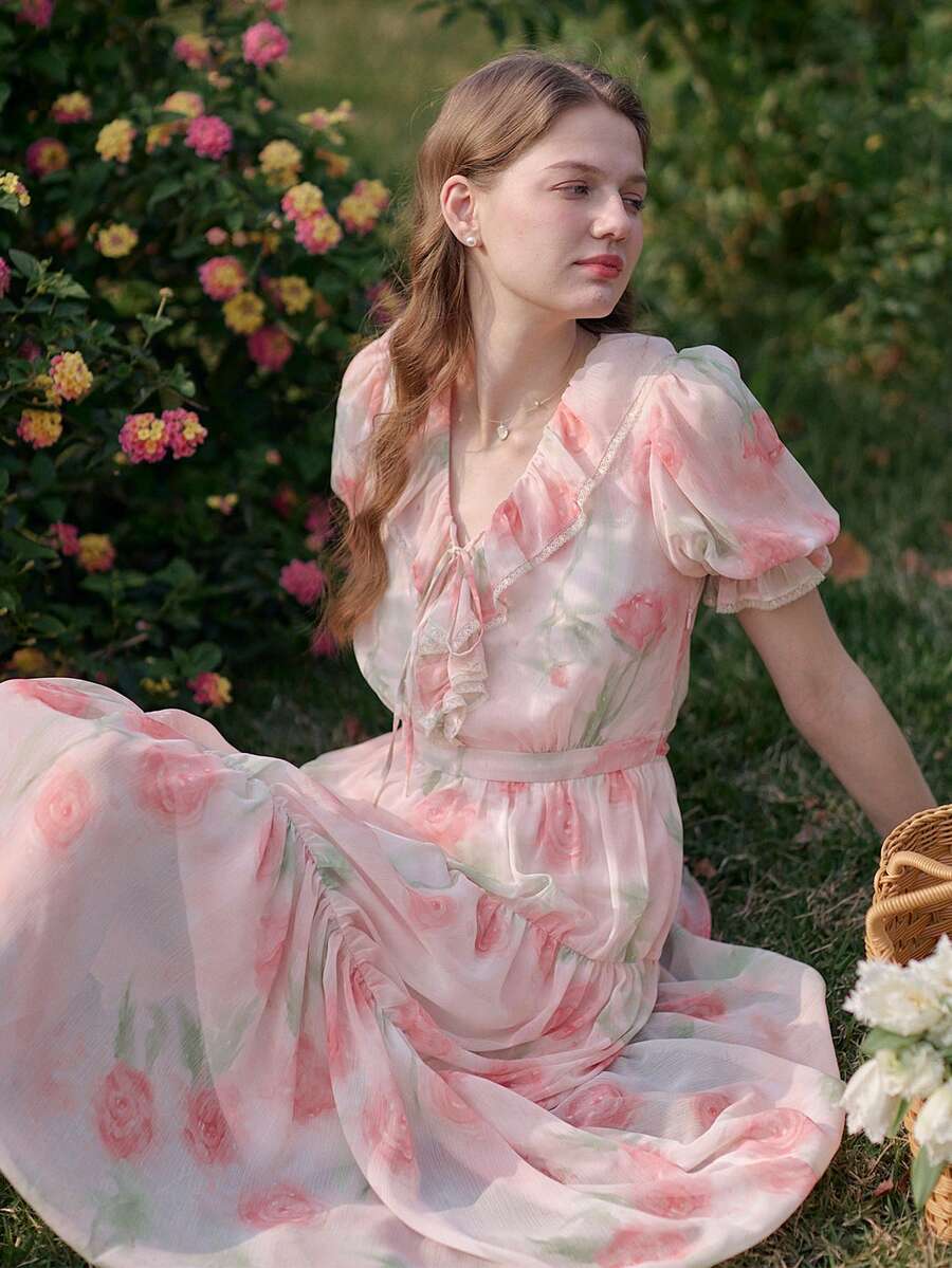 Simple Retro Vestido con estampado floral ribete con fruncido de manga farol - Rosa - Ver 1