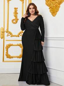 Đầm Plus Size Vắt phân lớp Trọn gói màu trơn Thanh lịch - màu đen - Xem 1