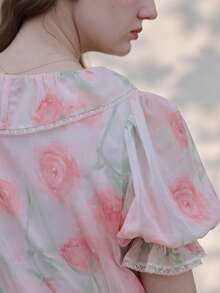 Simple Retro Vestido con estampado floral ribete con fruncido de manga farol - Rosa - Ver 4
