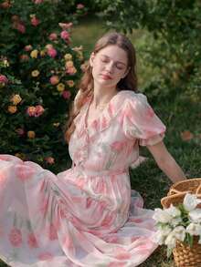 Simple Retro Vestido con estampado floral ribete con fruncido de manga farol - Rosa - Ver 7