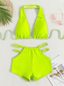 Swim SPRTY Summer Beach Neon Lime Cut-Out Halter Bikini - Lime Green - View 5