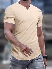 Manfinity Homme Hombres Camiseta unicolor de cuello notch bajo curvo - Caqui - Ver 3