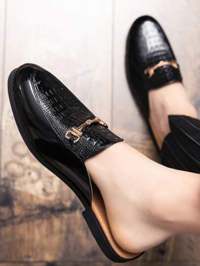Men Crocodile Embossed Metal Decor Mule Loafers, Leisure Outdoor Loafers