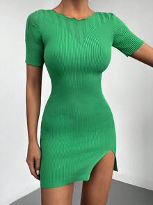 EURMUSE Solid Ribbed Knit Split Hem Bodycon Sweater Dress - màu xanh lá - Xem 4