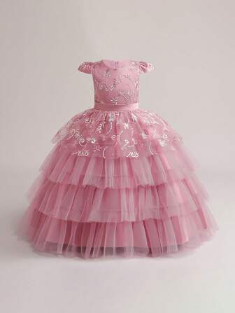 Tween 女童泡泡袖分层网眼荷叶边下摆刺绣连衣裙适合主持、钢琴演奏等正式场合