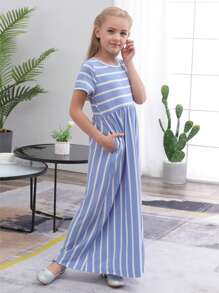 GORLYA Vestido Estampado Casual com Mangas Curtas Para Meninas Pré-adolescentes, Ideal Para Lazer e Atividades ao Ar Livre