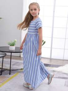 GORLYA Vestido Estampado Casual com Mangas Curtas Para Meninas Pré-adolescentes, Ideal Para Lazer e Atividades ao Ar Livre