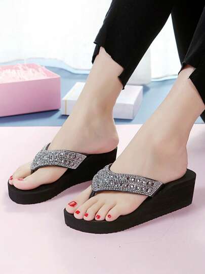 女士時尚水鑽裝飾厚下裝坡跟拖鞋,黑色,適用於室內,戶外,海灘帶防滑和耐磨功能