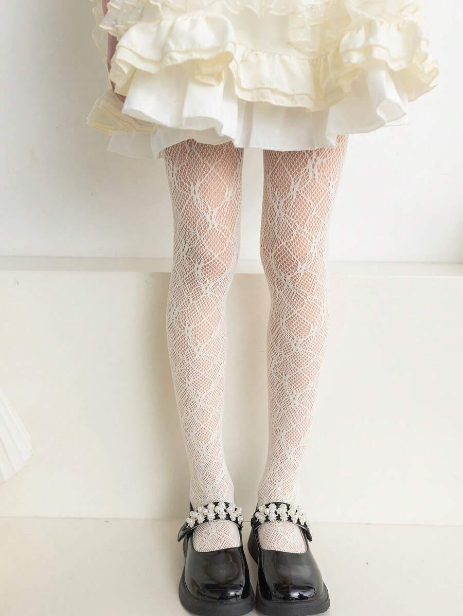 1pc Girls' Beige Floral Patterned Tights, Cute And Simple, Soft And Comfortable, Suitable For Everyday Wear In Spring And Summer - Beige - View 1