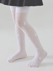 1pair Girls Dot & Rabbit Pattern Tights For Daily Life - White - View 1