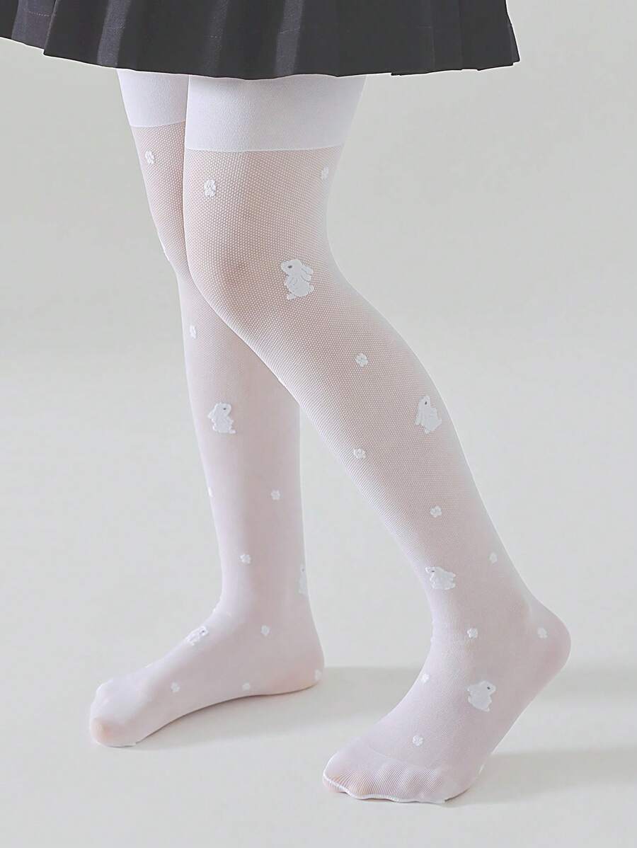 1pair Girls Dot & Rabbit Pattern Tights For Daily Life - White - View 1
