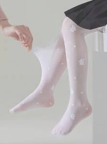1pair Girls Dot & Rabbit Pattern Tights For Daily Life - White - View 2
