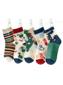 5雙男孩條紋圖案和卡通恐龍圖案中筒襪適用於日常 - 彩色 - 查看 1