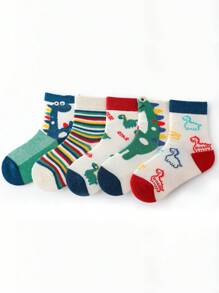 5雙男孩條紋圖案和卡通恐龍圖案中筒襪適用於日常 - 彩色 - 查看 4