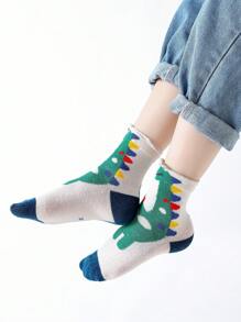 5雙男孩條紋圖案和卡通恐龍圖案中筒襪適用於日常 - 彩色 - 查看 5