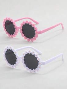 2副兒童花朵裝飾圓框太陽鏡適用於戶外 - 灰色 - 查看 1