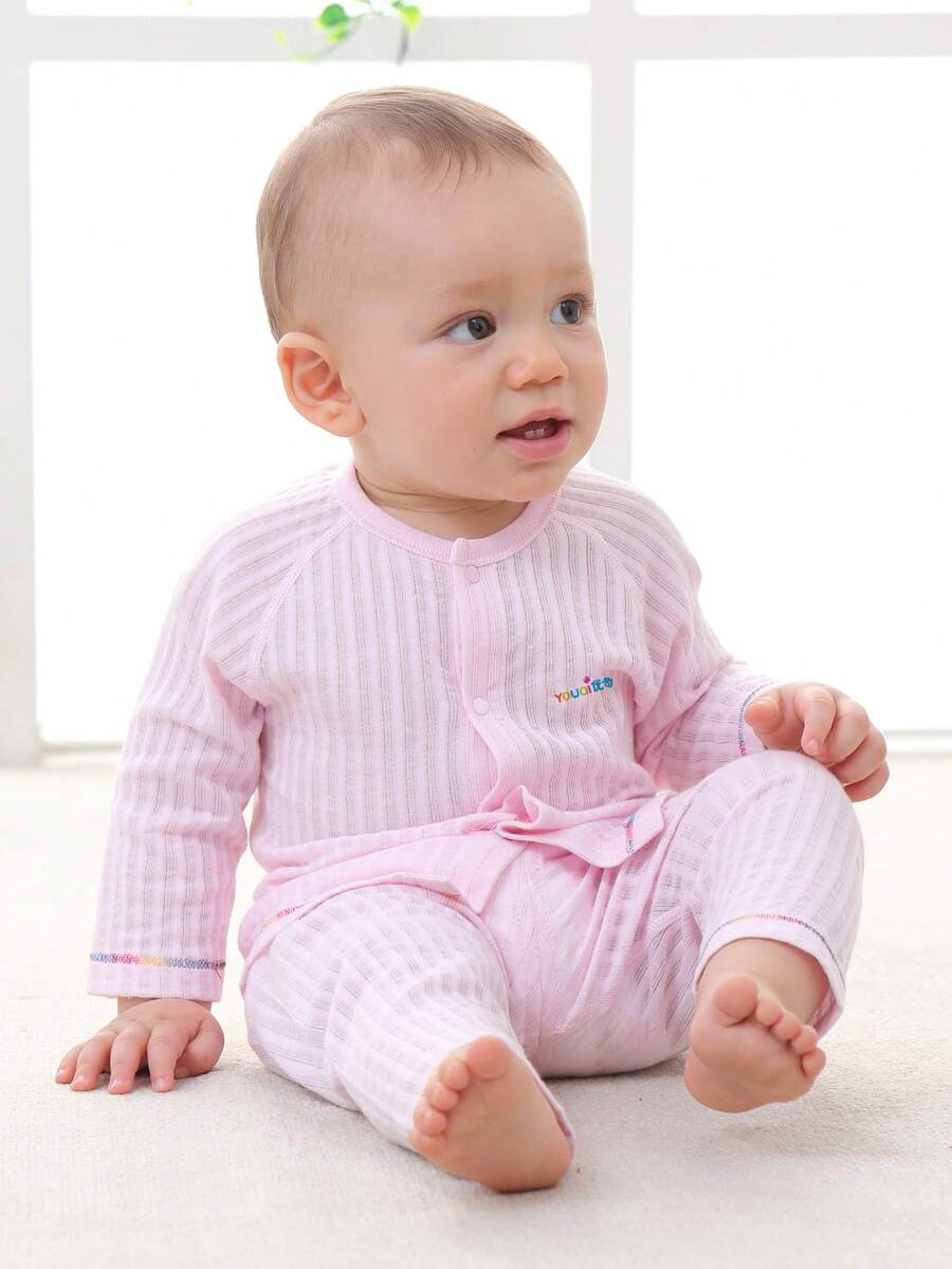 Bộ quần áo mặc nhà thông thường cho bé có nút phía trước Bốn mùa - Màu Hồng baby - Xem 1