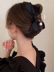 1 buc femei Faux Pearl Detail Bow Decor Elegant Hair Claw Flower Clip Ziua Îndrăgostiților Clipuri de păr Hair Waist Clip maxilar Cleme de păr Clutch Hair Catcher Clip, Accesorii pentru funde, Chestii școlare, Facultate, Accesorii de păr cu perle