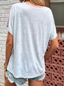 SHEIN LUNE 雙色鏤空蝙蝠袖T恤 - 藕粉色 - 查看 2