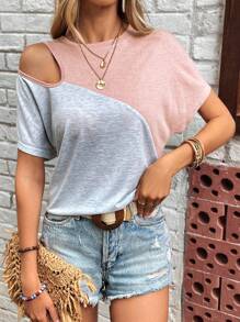 SHEIN LUNE 雙色鏤空蝙蝠袖T恤 - 藕粉色 - 查看 3