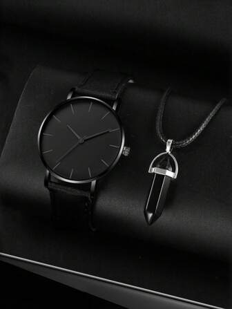 1入組黑色PU聚氨酯帶時尚圓形錶盤石英表和1入組吊墜項鍊,適用於日常生活