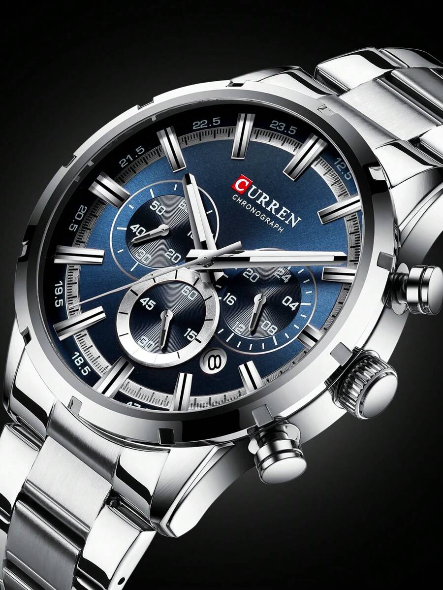 Curren 1 Đồng hồ thạch anh mặt tròn có dây đeo bằng thép không gỉ dành cho nam có chức năng ghi ngày kinh doanh, dành cho cuộc sống hàng ngày như một món quà dành cho học sinh đi học trở lại - Bạc - Xem 1