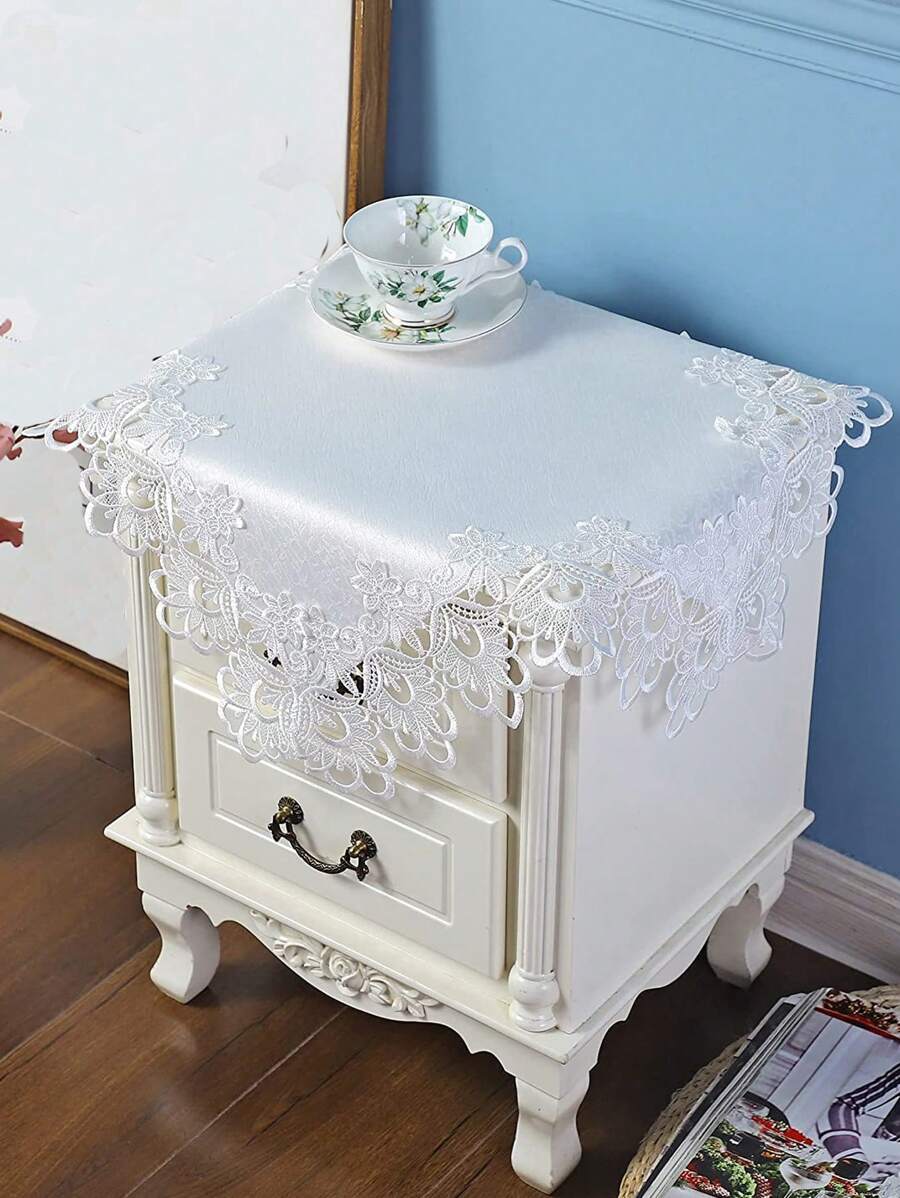 Guipure Lace Panel Tablecloth, White Polyester Side Table Liner, For Home - White - View 1