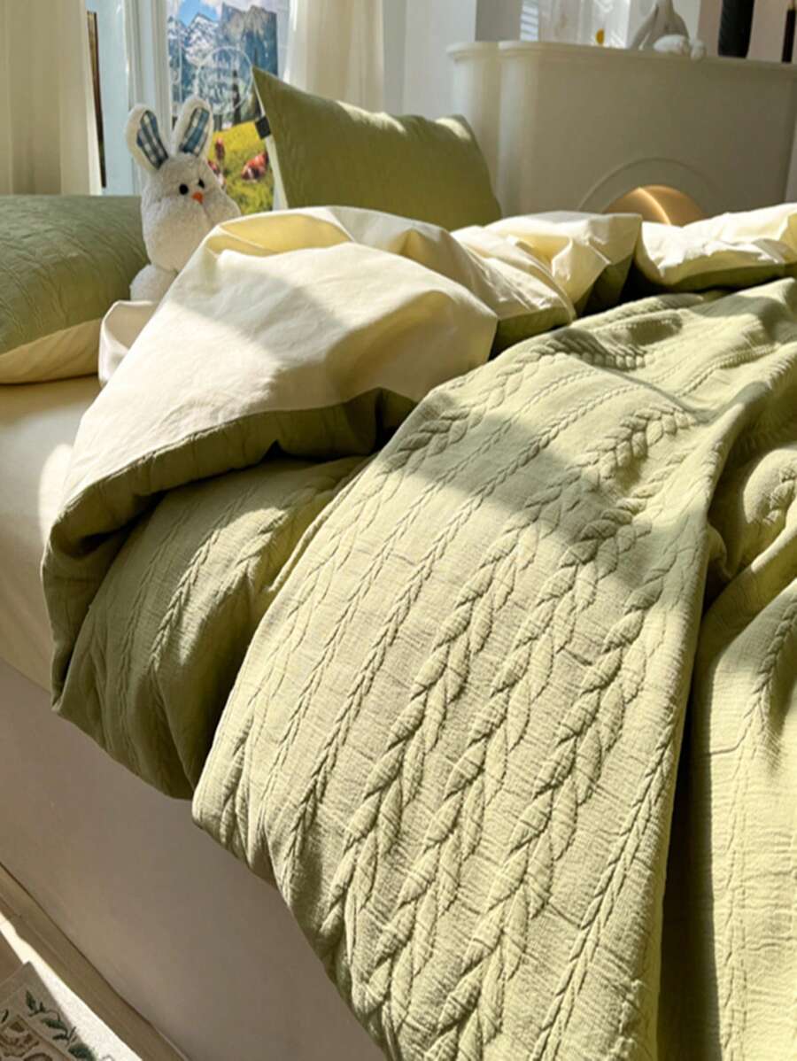 4入組素色衍縫被套1入組被子套和1入組床單和2入組枕頭枕芯簡約風適用於 - 彩色 - 查看 1