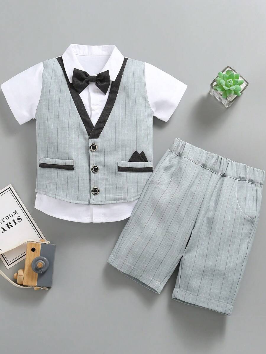 SOLOCOTE 2入組/套男小童彈性腰帶長褲套裝適用於正式場合,先生們派對,婚禮,宴會 - 藍白色 - 查看 1