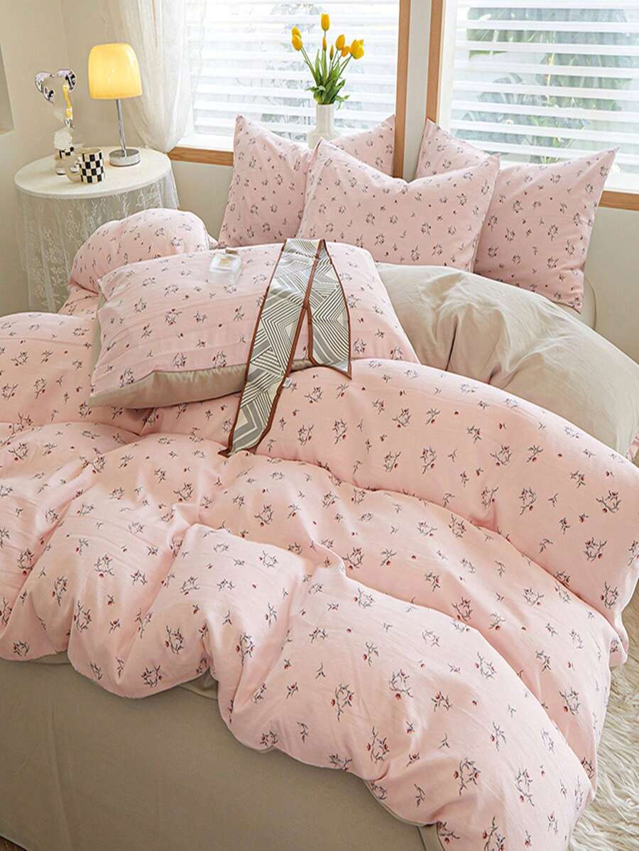 4pcs Floral Pattern Duvet Cover Set, 1pc Quilt Cover And 1pc Flat Sheet And 2pcs Pillow Case, Pillow Insert Not Include, Pink Modern Bedding, For Bedroom - Pink - View 1