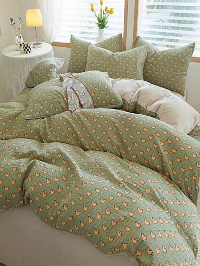 4入組愛心圖案被套1入組被子套和1入組床單和2入組枕頭枕芯綠色現代適用於