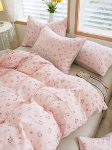 4pcs Floral Pattern Duvet Cover Set, 1pc Quilt Cover And 1pc Flat Sheet And 2pcs Pillow Case, Pillow Insert Not Include, Pink Modern Bedding, For Bedroom - Pink - View 5