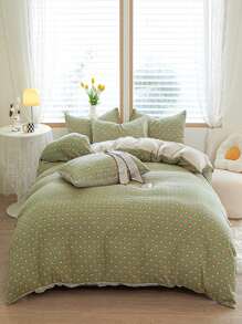4pcs Heart Pattern Duvet Cover Set, 1pc Quilt Cover And 1pc Flat Sheet And 2pcs Pillow Case, Pillow Insert Not Include, Green Modern Bedding, For Bedroom