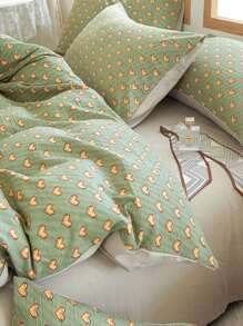 4pcs Heart Pattern Duvet Cover Set, 1pc Quilt Cover And 1pc Flat Sheet And 2pcs Pillow Case, Pillow Insert Not Include, Green Modern Bedding, For Bedroom