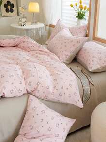 4pcs Floral Pattern Duvet Cover Set, 1pc Quilt Cover And 1pc Flat Sheet And 2pcs Pillow Case, Pillow Insert Not Include, Pink Modern Bedding, For Bedroom - Pink - View 7