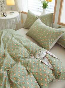 4pcs Heart Pattern Duvet Cover Set, 1pc Quilt Cover And 1pc Flat Sheet And 2pcs Pillow Case, Pillow Insert Not Include, Green Modern Bedding, For Bedroom