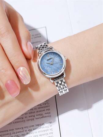 NAIDU 1pc Women Silver Zinc Alloy Strap Fashionable Round Dial Quartz Watch, For Daily Decoration