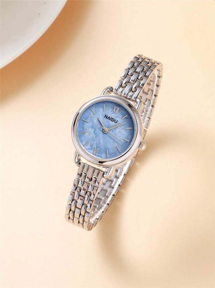 NAIDU 1pc Women Silver Zinc Alloy Strap Fashionable Round Dial Quartz Watch, For Daily Decoration - Blue - View 2