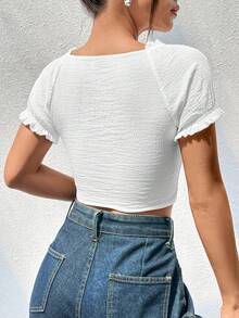 SHEIN Qutie 褶邊前紐扣短款襯衫 - 白色 - 查看 2