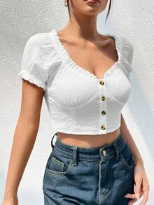SHEIN Qutie 褶邊前紐扣短款襯衫 - 白色 - 查看 4