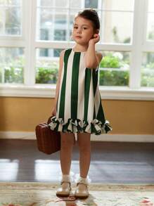 Toddler Girls Striped Ruffle Hem Dress - Green - View 1