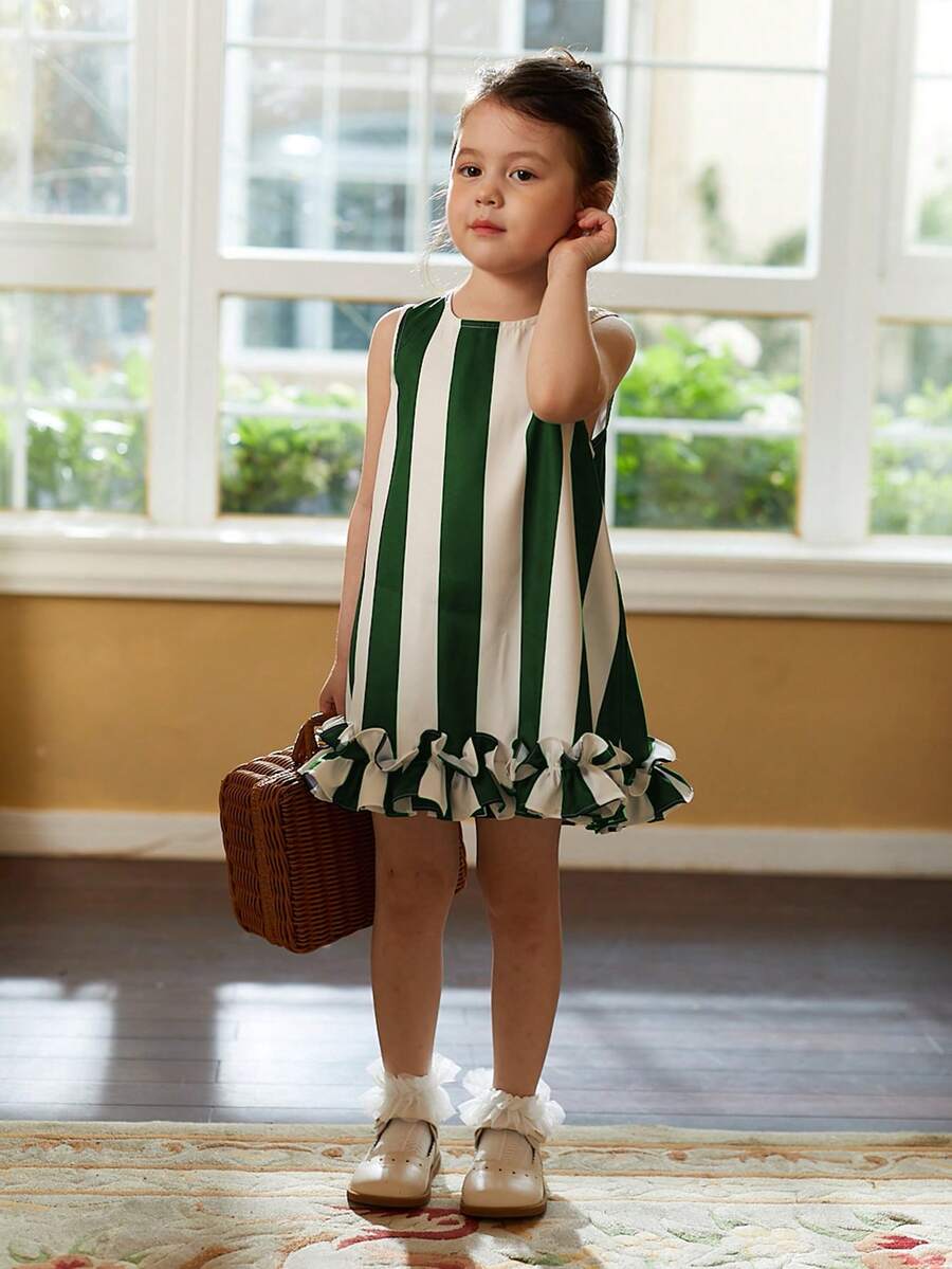 Toddler Girls Striped Ruffle Hem Dress - Green - View 1