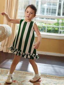 Toddler Girls Striped Ruffle Hem Dress - Green - View 5